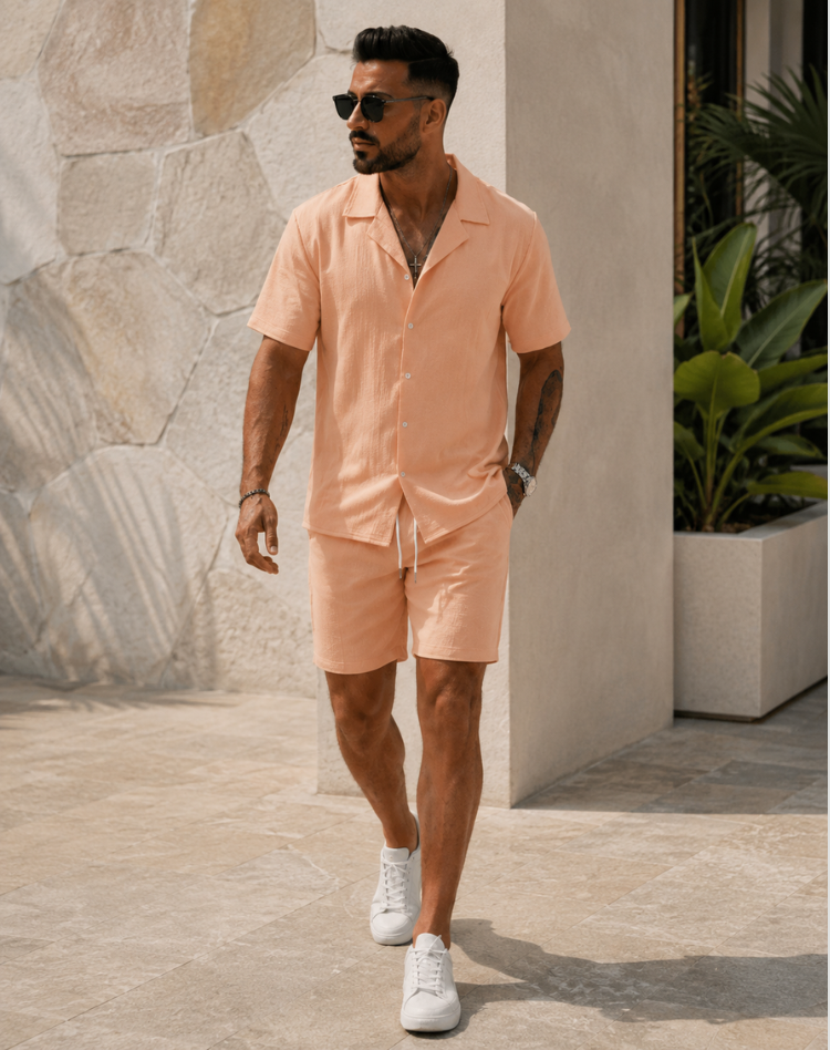 Linen Camp Collar Shirt and Elastic Waist Shorts Set for Men Breathable Summer