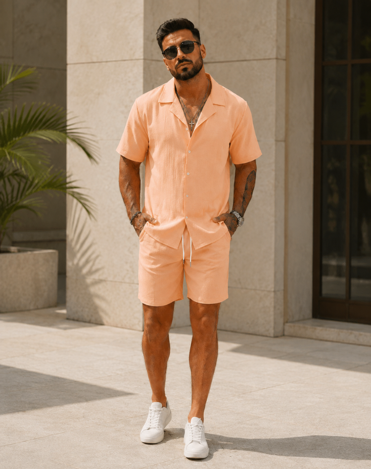Linen Camp Collar Shirt and Elastic Waist Shorts Set for Men Breathable Summer