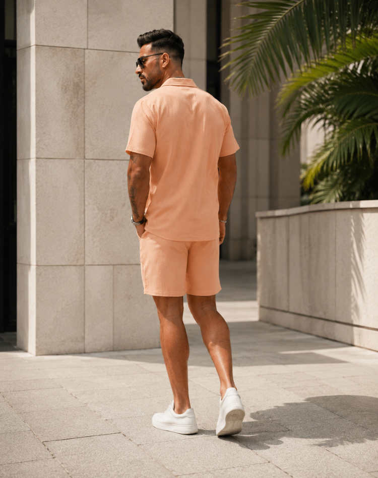 Linen Camp Collar Shirt and Elastic Waist Shorts Set for Men Breathable Summer